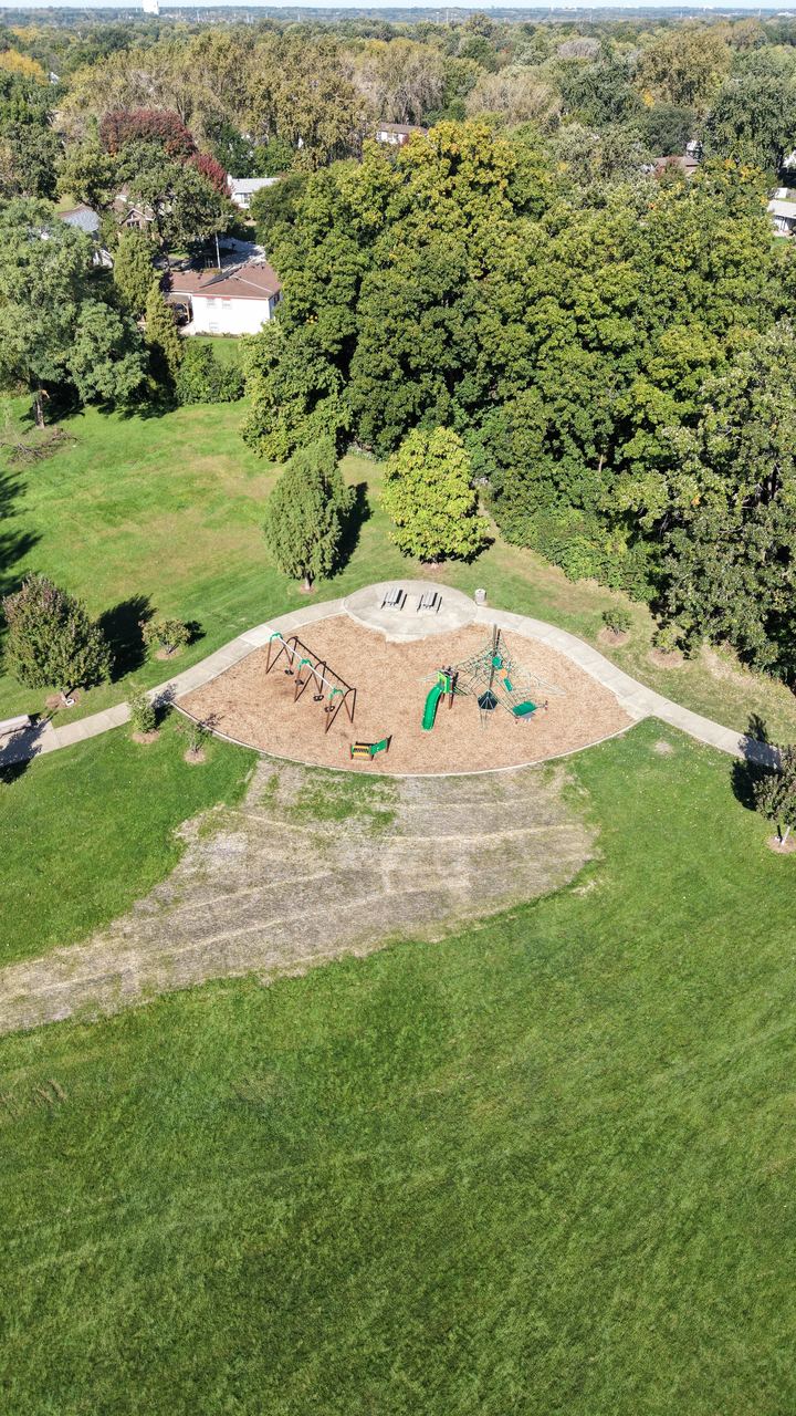 Top-down drone aerial of a neighborhood park